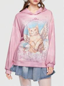 ROMWE Kawaii 卡通圖案落肩袖連帽衫 - 粉色 - 查看 2