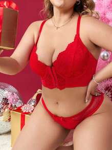Plus Floral Lace Hook And Eye Underwire Bra - Red - View 4