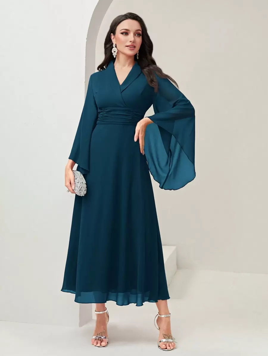 Modelyn Surplice Neck Flounce Sleeve Ruched Waist Dress Long Evening Dresses - Teal Blue - View 1