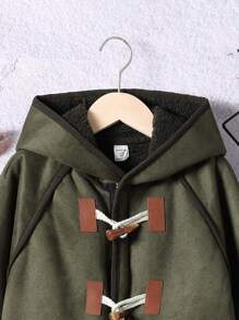 SHEIN Tween Boy Duffle Button Double Pocket Contrast Binding Hooded Coat,In Fall/Winter