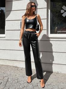 RueChic Drawstring Waist PU Leather Pants - Black - View 6