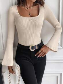 Chiquease 圆领荷叶袖罗纹针织毛衣，女士春秋休闲长袖修身杏色喇叭袖套头衫，女士毛衣针织套头衫秋冬毛衣 - 杏色 - 查看 6