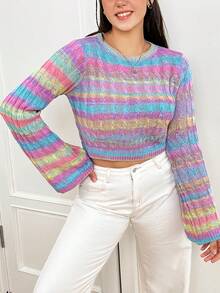SHEIN EZwear Plus Colorblock Trumpet Sleeve Crop Sweater - Multicolor - View 4
