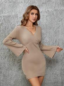 RueChic Surplice Neck Flounce Sleeve Bodycon Dress - Beige - View 5