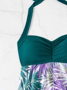 女士夏季海滩随机植物印花褶饰胸围吊带分体泳衣 - 彩色 - 查看 6