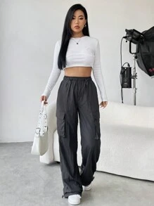 SHEIN Unity 側翻蓋口袋腰部抽繩工裝褲 - 深灰色 - 查看 5