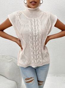 SHEIN LUNE Cable Knit Turtleneck Sweater Vest - White - View 1