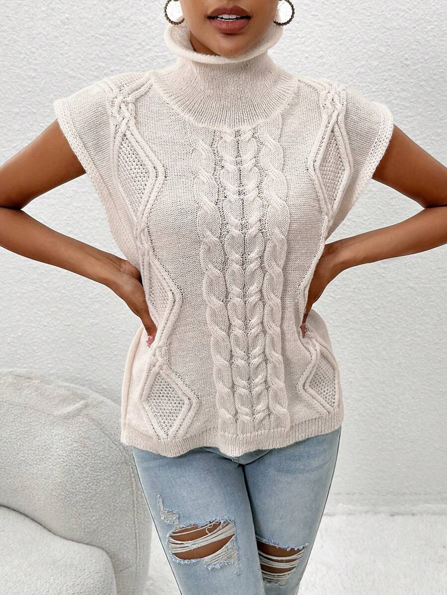 SHEIN LUNE Cable Knit Turtleneck Sweater Vest - White - View 1