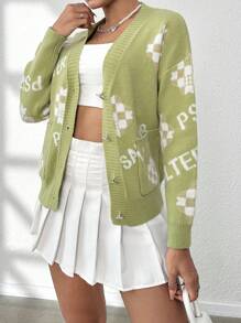 Flirla Letter Pattern Drop Shoulder Pocket Patched Cardigan - Green - View 5