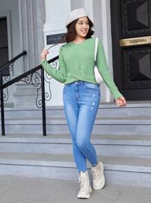 青少年女孩交叉圍裹條紋針織套頭毛衣 - 薄荷綠 - 查看 4