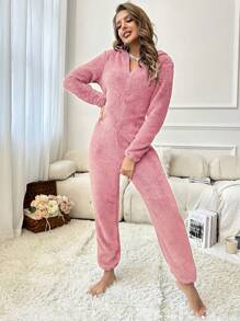 3D Ears Design Hooded Flannel Sleep Jumpsuit - Pink - View 3
