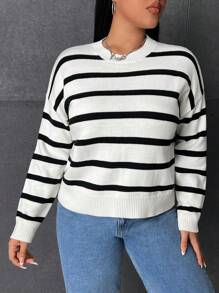 SHEIN EZwear 大碼條紋圖案落肩袖套頭毛衣 - 白色 - 查看 4