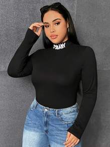 SHEIN EZwear 大碼字母圖案小高領T恤 - 黑色 - 查看 5