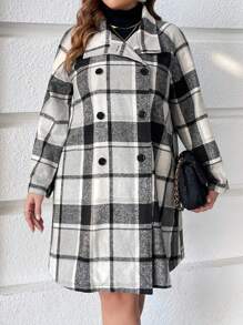 SHEIN LUNE Plus Plaid Double Breasted Raglan Sleeve Overcoat - Black and White - View 1