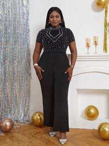 SHEIN Lady 大碼珍珠串珠小高領連身褲 - 黑色 - 查看 3