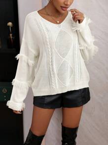SHEIN LUNE Fringe Trim Drop Shoulder Knit Pullover Fall Winter Sweater - White - View 4
