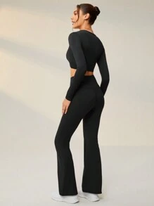 Lifespree Twist Front Crop Tee & Flare Leg Pants Sports Set