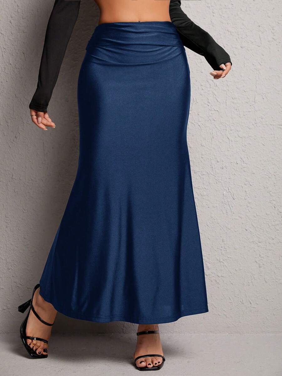 SHEIN PETITE Solid Ruched Waist Mermaid Hem Skirt - Navy Blue - View 1