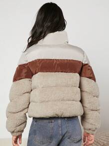 Teen Girl Color Block Letter Patched Detail Snap Button Padded Coat - Multicolor - View 2