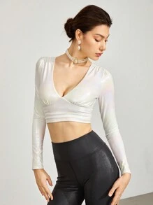 GLOWMODE 銀箔皮革效果閃亮v領運動上衣,輕支撐 - 白色 - 查看 8