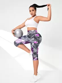 SHEIN Rhythm Era Plus Striped Print Wide Waistband Sports Leggings - Purple - View 3