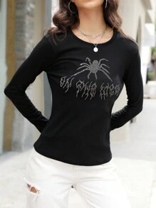 SHEIN Unity Pha lê Mô hình mạng nhện Áo thun - màu đen - Xem 3