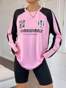 StreetHx Áo thun tay raglan họa tiết tương phản chữ cái họa tiết áo thun nữ - Hồng - Xem 5