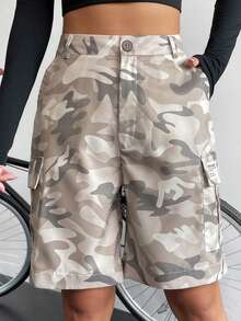 SHEIN Unity Camo Print Flap Pocket Side Cargo Shorts - Grey - View 5