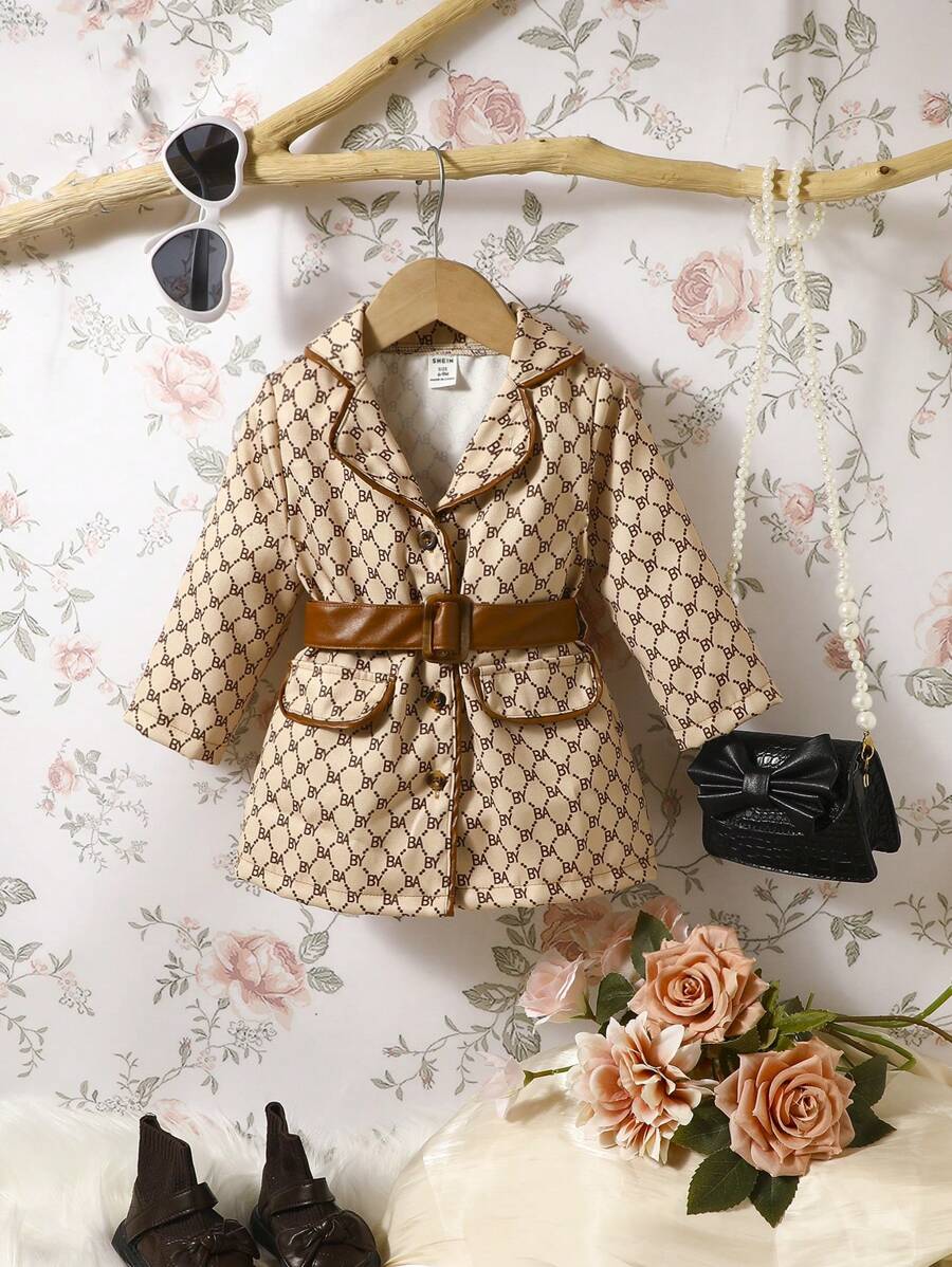 Baby Girl Allover Print Contrast Binding Flap Detail Belted Trench Coat