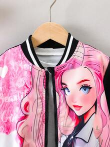 SHEIN 女小童人像圖案條紋飾邊飛行員夾克不帶T恤 - 黑色 - 查看 7