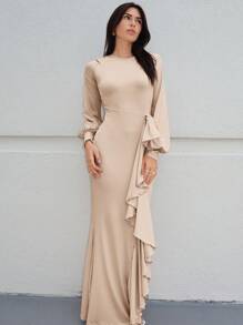 SHEIN Privé 荷葉邊燈籠袖垂墜魚尾裙下擺洋裝 - 杏色 - 查看 4