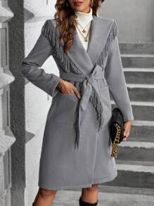 SHEIN Clasi Fringe Trim Collar Belted Overcoat - Grey - View 5
