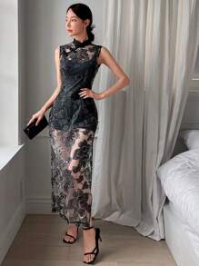 EastFlair Thêu hoa Lưới Tách đùi Đầm - màu đen - Xem 5