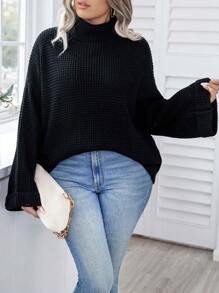 Calvaya Plus Turtleneck Drop Shoulder Waffle Knit Sweater, For Winter Knit Pullover Fall Autumn - Black - View 3