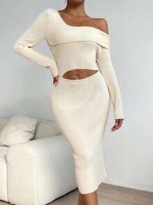 Allurite Asymmetrical Neck Cut Out Ribbed Knit Sweater Dress - Apricot - View 5