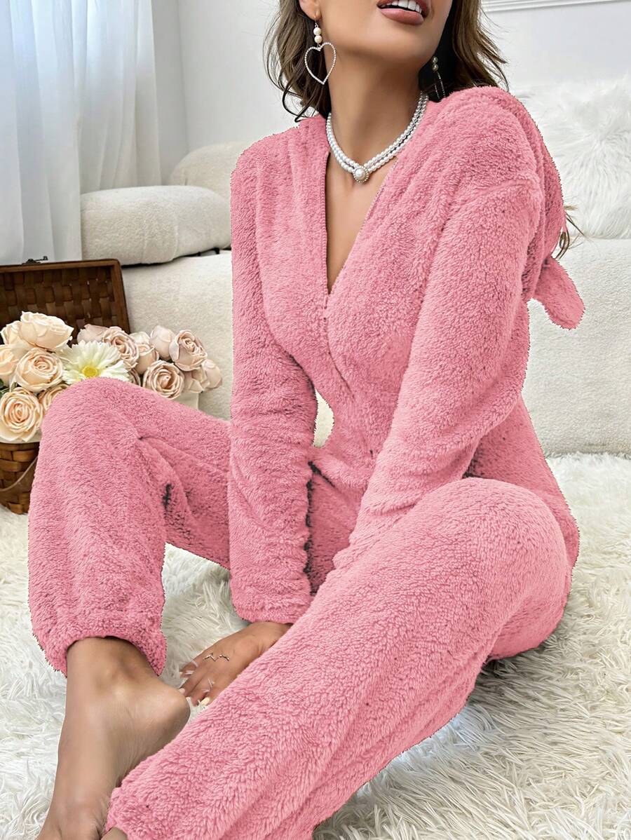 3D Ears Design Hooded Flannel Sleep Jumpsuit - Pink - View 1
