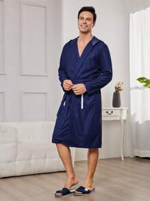 Hombres Bata con cinturón con doble bolsillos con capucha - Azul Marino - Ver 6