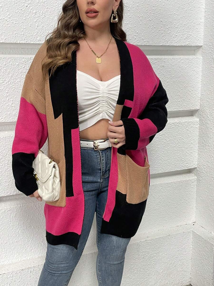 SHEIN LUNE Áo khoác cardigan hở vai Colorblock cỡ lớn - Nhiều màu - Xem 1