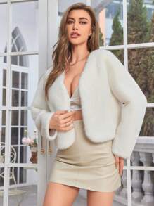 MIEGOFCE Solid Open Front Fuzzy Coat - White - View 1