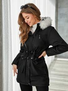 RueChic Drawstring Waist Fuzzy Trim Hooded Parka Coat - Black - View 8