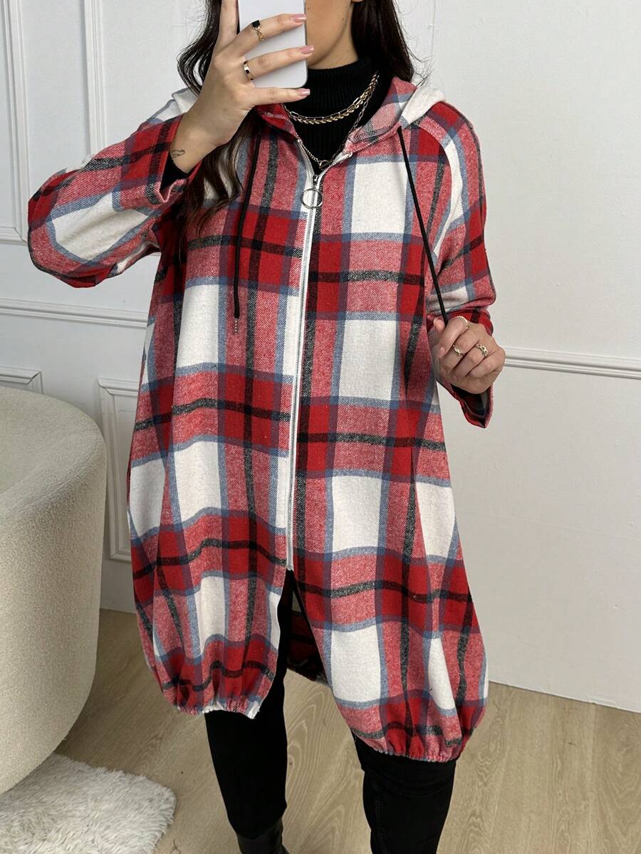 SHEIN LUNE Plus Plaid Print Zip Up Drawstring Hooded Coat - Multicolor - View 1