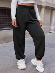 RueChic Plus Solid Elastic Waist Sweatpants - Black - View 5