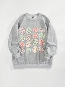 SHEIN EZwear Plus Expression Print Drop Shoulder Sweatshirt - Grey - View 3