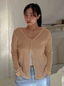 Dazy Petite Plus 1pc Ribbed Knit Button Front Tee - Beige - View 3