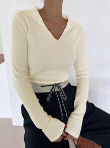 DAZY Chất rắn Đồ đan Ribbed Áo thun - Màu be - Xem 7