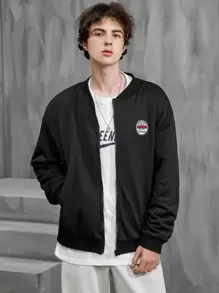 Manfinity Hypemode Men Letter Patched Zip Up Bomber Jacket Without Tee - Hitam - View 3