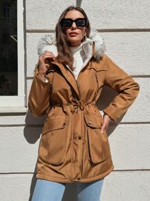 EURMUSE Eo dây rút Trang trí Fuzzy áo có mũ Áo khoác Parka - Lạc đà - Xem 5