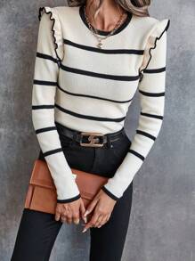 SHEIN Clasi Striped Pattern Ruffle Trim Jumper - Apricot - View 4