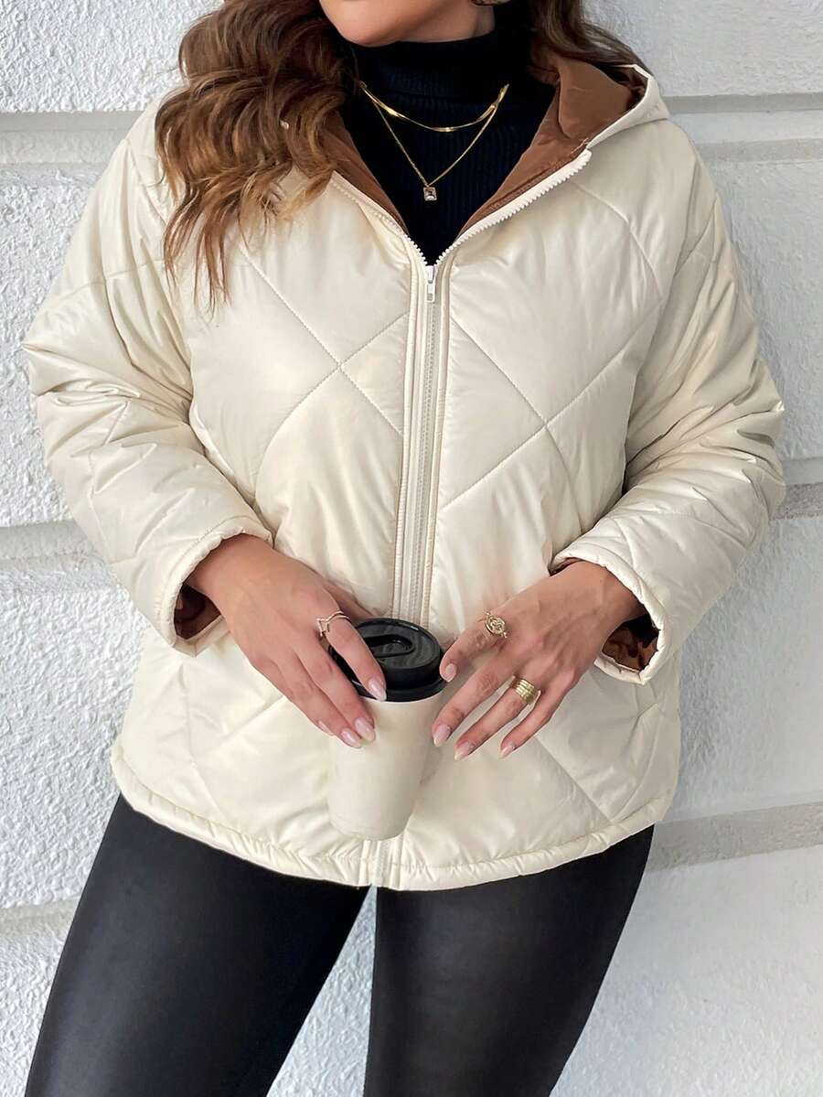 SHEIN LUNE Plus Zip Up Hooded Quilted Padded Coat Clothes Winter - Beige - View 1