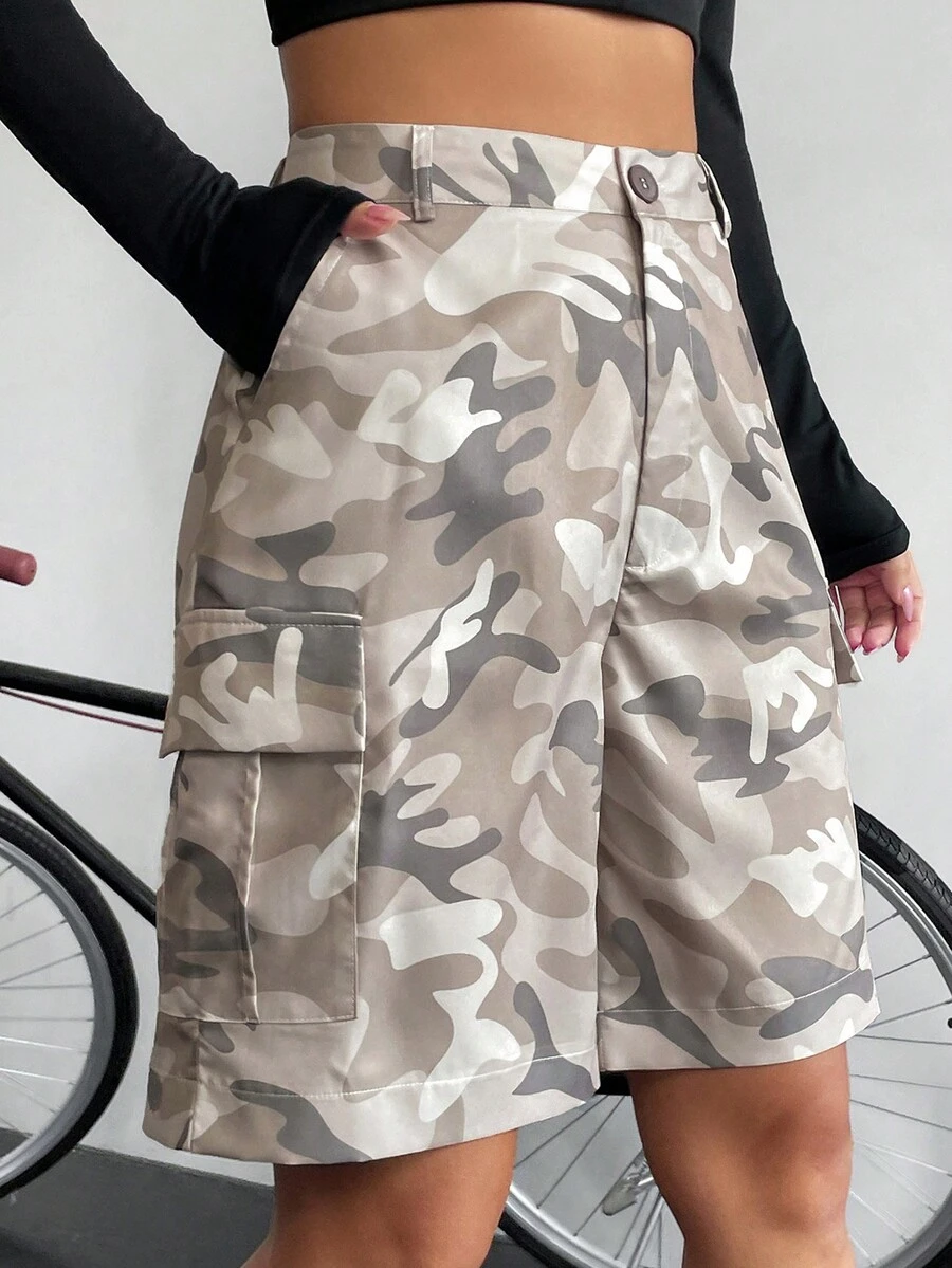 SHEIN Unity Camo Print Flap Pocket Side Cargo Shorts - Grey - View 1